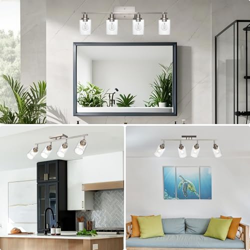 4 Light Brushed Nickel Kitchen Track Lighting Fixtures Ceiling Mount Track Lighting Kit with Bubble Seeded Glass Shade Modern Bathroom Tracking Vanity Lights Ceiling Tracking Accent Shop Light (Brushed Nickel / 4-Light)