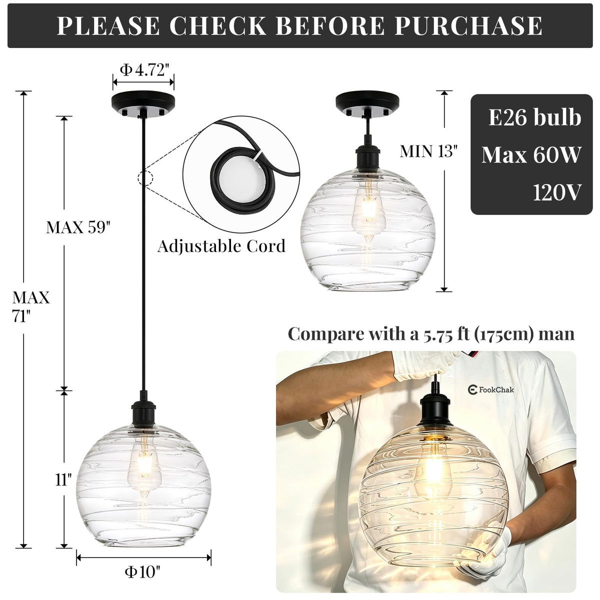Modern Glass Pendant Light 10” Black Kitchen Island Hanging Light Fixture (Black Swirled)