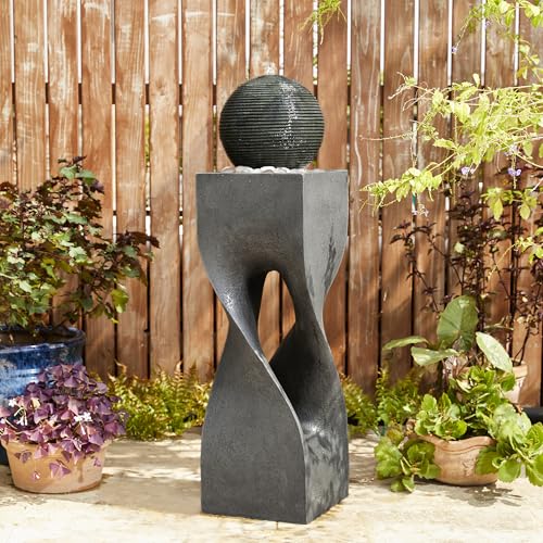 Patio Fountain Waterfall with LED Light Outdoor Fountain Pedestal Water Fountain