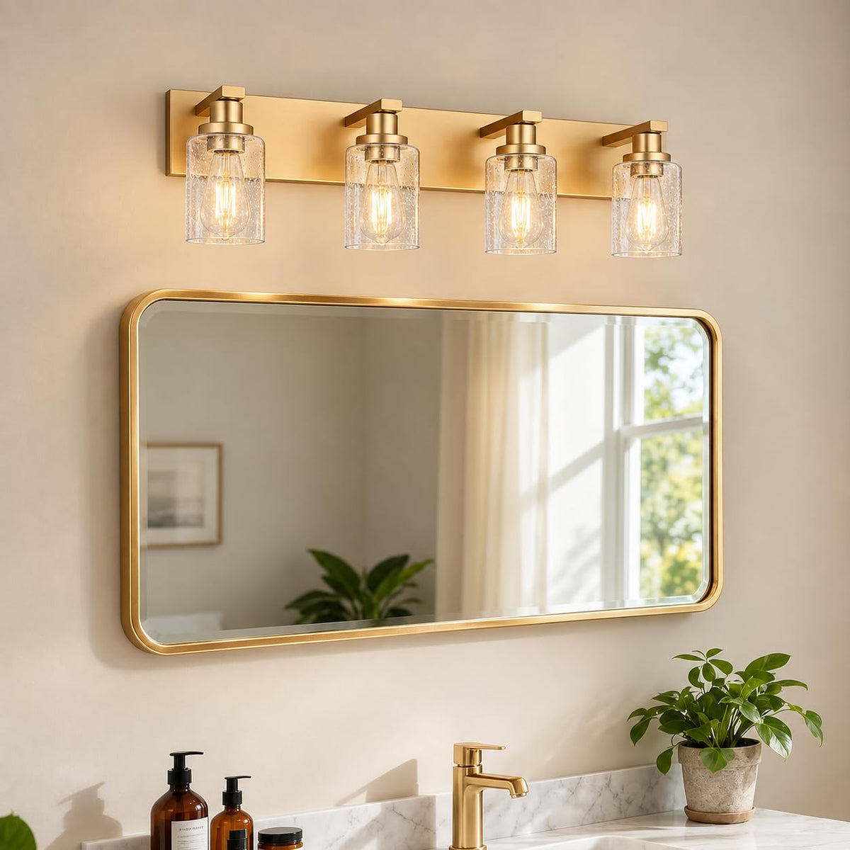 Gold 4 Light Seeded Glass Bathroom Vanity Light (Gold / 4-Light)