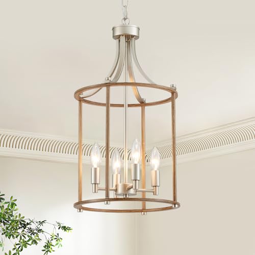 Farmhouse Chandeliers for Dining Room (Nickel Wood Grain)