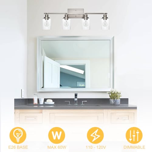 4 Light Brushed Nickel Kitchen Track Lighting Fixtures Ceiling Mount Track Lighting Kit with Bubble Seeded Glass Shade Modern Bathroom Tracking Vanity Lights Ceiling Tracking Accent Shop Light (Brushed Nickel / 4-Light)