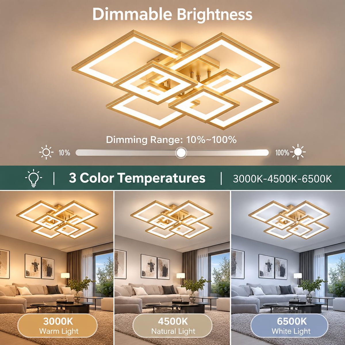 Modern LED Ceiling Light (Gold 6 Square / 30 Inches)