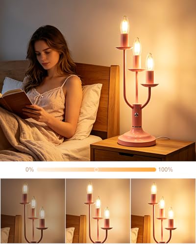 Pink Candelabra Table Lamp Dimmable Warmwhite 3 Bulbs Included (04-Pink 3-Light Candelabra)