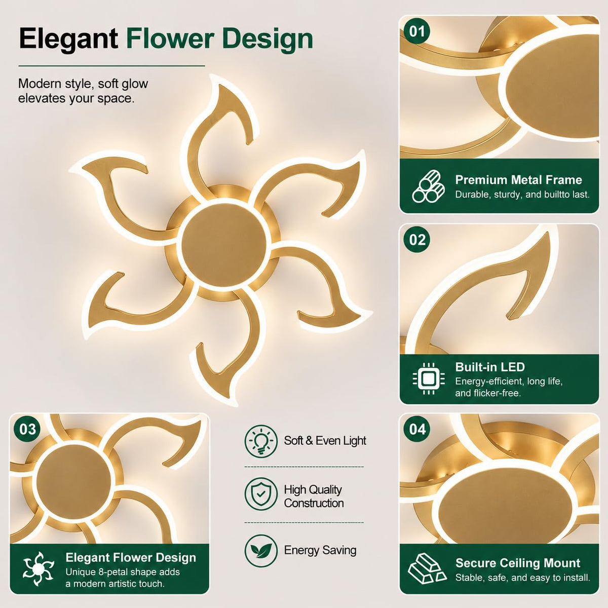 36.2 Inch Modern LED Ceiling Light (Gold)