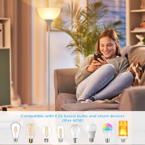 Floor Lamp LED Standing Lamps with White Plastic Shade (Silver Grey)