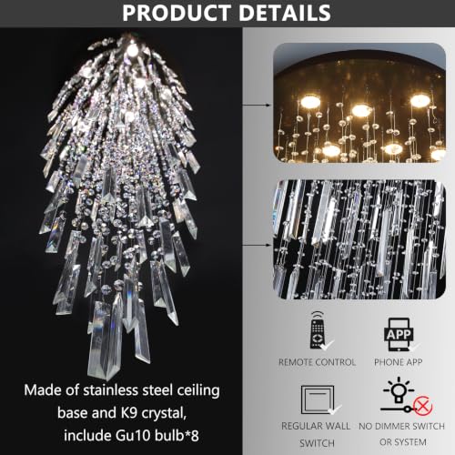 D24'' x H78'' Modern Crystal Chandelier High Ceiling Chandeliers for Entryway Glam Chandelier Large Raindrop Chandeliers LED Dimmable Light Fixtures for Staircaes Foyer Hallway Living Room Black (D24" x H78" Black)