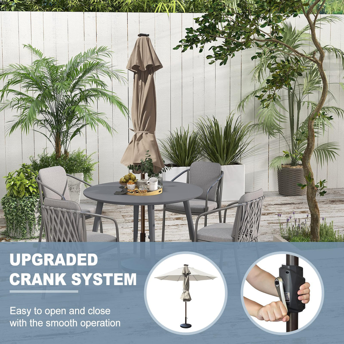 USA 10-Year-Non-Fading 10ft Market Patio Umbrella, Commercial Grade Table Sun Umbrella with 80 Solar LED Lights, Crank Open, Windproof & UPF 50+ UV Protection for Garden, Deck, Pool, Backyard, Heather Beige (Heather Beige / 10 FT(Single Vent Tilt))