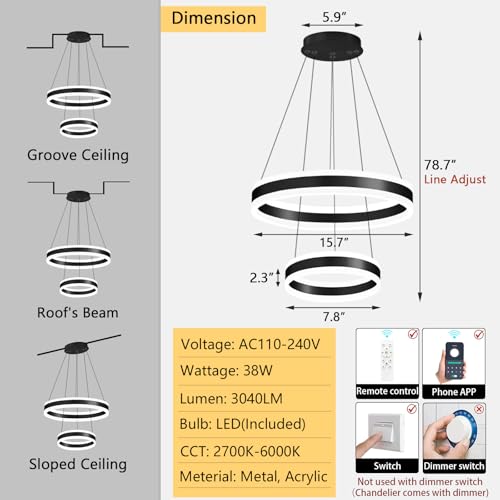 D7.8''+15.7'' Modern Ring Chandelier for Dining Room LED Dimmable Pendant Lighting for Living Room Foyer Bedroom Entryway 3000K (1044-Black / 2 Rings-15.7'')