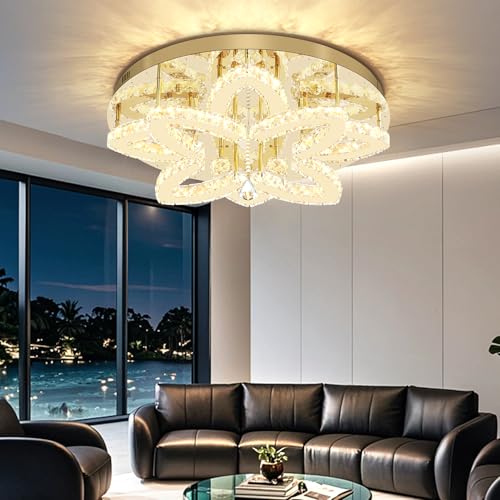 Dia 24" Modern Crystal Chandeliers Gold Chandelier LED Flush Mount Ceiling Light for Living Room Dining Room Bedroom Foyer Entryway LED Dimmable 2700 (Gold / Dia 24")