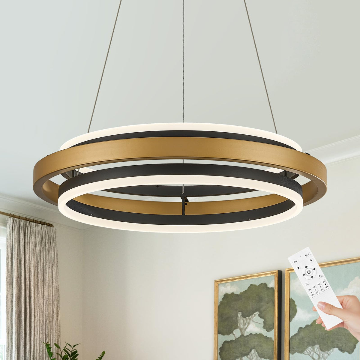 2 Rings Modern LED Chandelier Black Gold with Remote (Black Gold / 2 Rings 24 inches Up&Down)