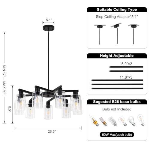 Xeryiwa 9 Light Farmhouse Black Chandelier Clear Glass (Black / 9-Lights/D29.5 '')