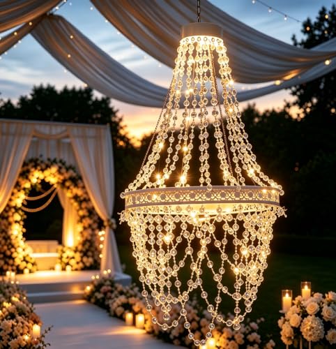 Solar Hanging Crystal Chandelier Outdoor Garden Decorative Lights 54 Warm White LEDs Waterproof Hanging Lantern for Garden