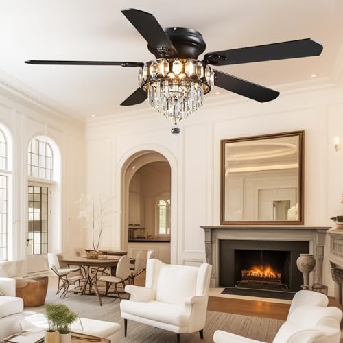 52" Low Profile Crystal Ceiling Fans with LED Lights and Remote (Black-52IN-8337)