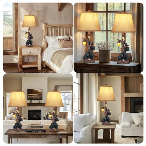 Set of 2 Bear Bedside Table Lamps for Bedroom with Nightlight & USB A+C (Rustic)