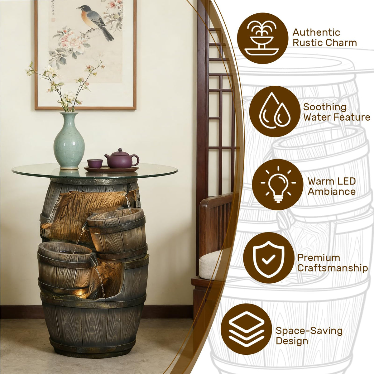 Rustic Barrel Outdoor Water Fountain with Glass Tabletop (22.83inch)