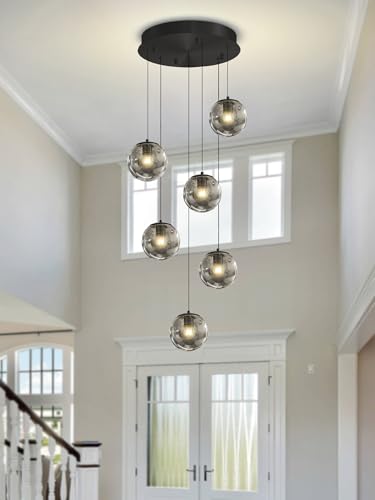 6 Light Globe Glass Pendant Light Modern Smoke Gray Glass Globe Chandelier Large Chandeliers for High Ceilings Entryway Adjustable Hanging Light for Living Room Foyer Hallway (Smoke Grey / Globe 6-Light)