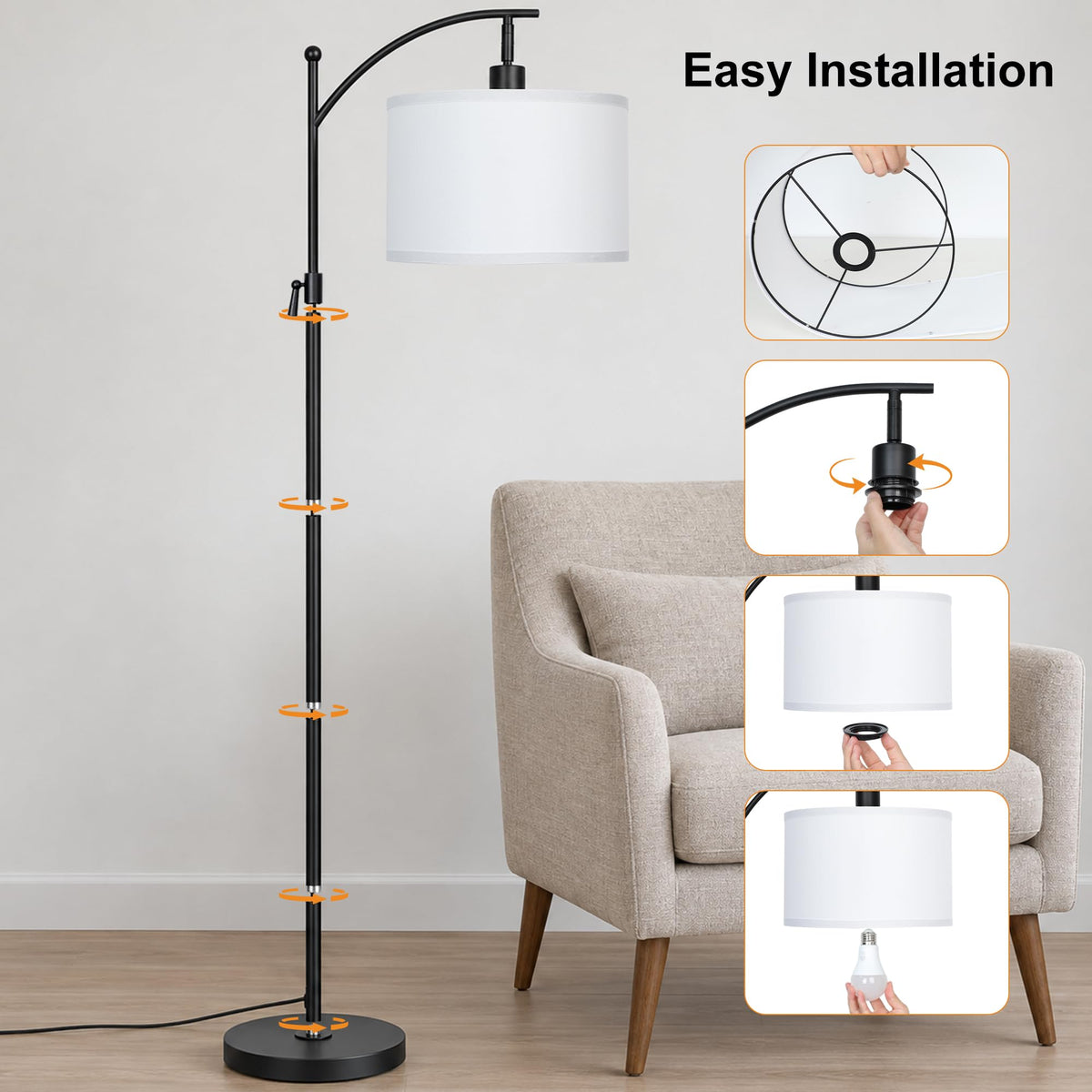 Black Arc Floor Lamp 55 (Black+White Shade-Arc)
