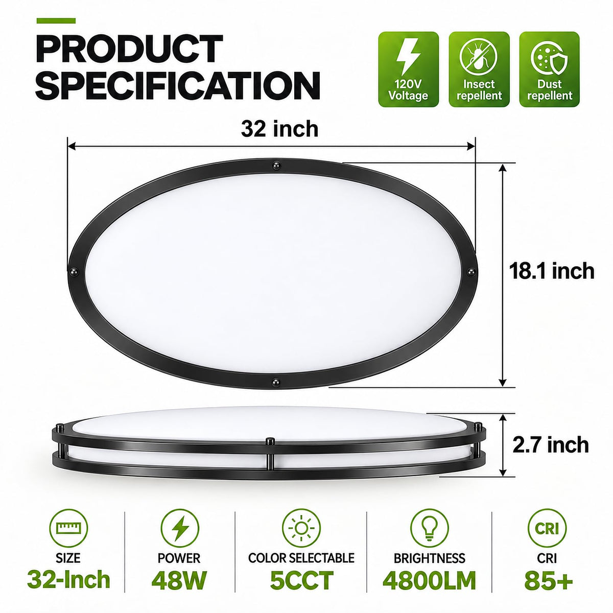 32 Inch Oval Flush Mount Ceiling Light Fixtures 48W 5CCT Selectable (Black / 32 Inch)
