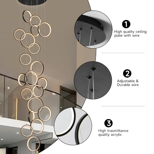 Modern 20 Ring Black LED Chandelier for High Ceilings (Black/20-Lights(circle,dimmable))