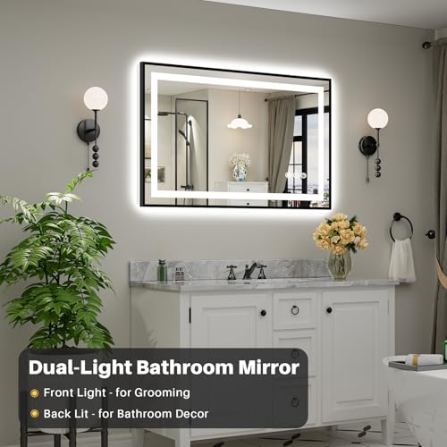 48x30 Inch LED Bathroom Mirror with Black Frame (Backlit+front Lit With Black Frame / 48"L x 30"W)