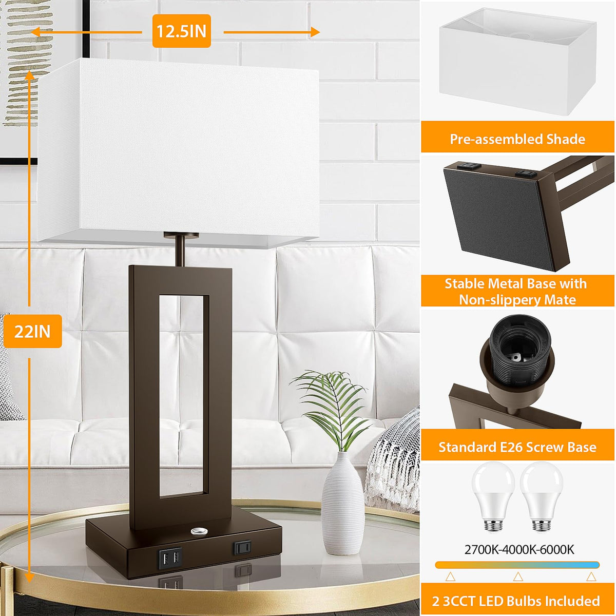 3 Color Temperatures Brown Table Lamps for Bedrooms Set of 2 (Brown / Large)