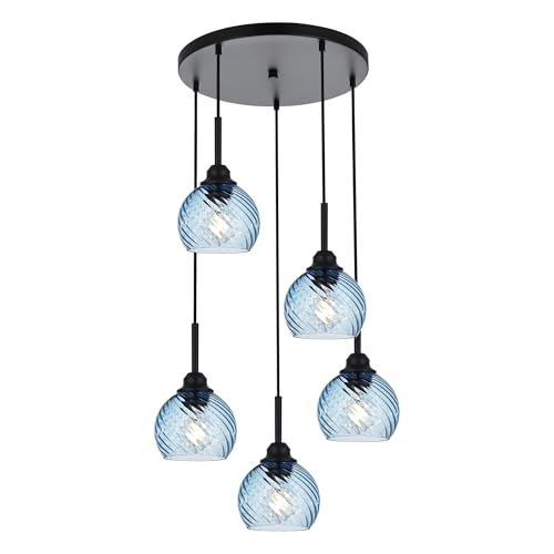 5 Light Cluster Pendant Lighting with Striped Swirl Globe Glass Blue Pendant Light for Kitchen Island (Blue / 5-Light-Round Cluster)