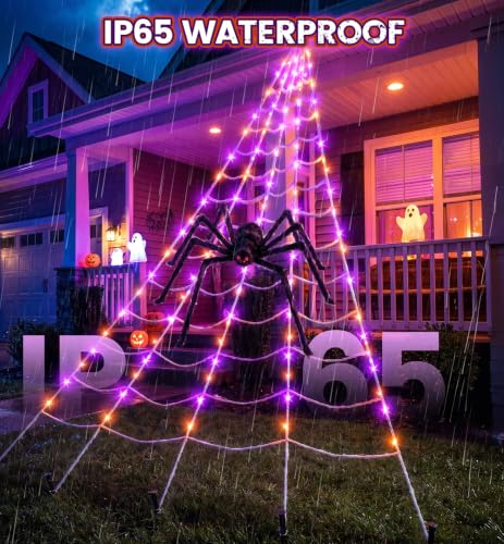 Upgrade Halloween Spider Web Decorations Outdoor + 59" Giant Spider Décor (purple&orange)