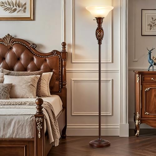 70" Torchiere Floor Lamp with NightLight & Etched Glass Shade (Brown)