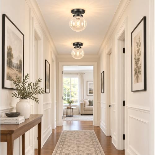 Small Semi Flush Mount Ceiling Light Fixtures (Black & Clear Bubble Glass / 6in-1 light)