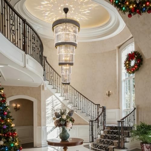 7 Tier Black and Gold Chandeliers Long Staircase Crystal Chandelier Large Entryway Chandeliers Adjustable Chain for Entrance Hall Living Room Foyer H66 x W32 19 Lights (D32"XH66" Black)