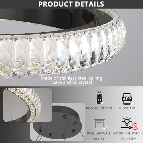 24" Ring Modern LED Dimmable Crystal Chandelier Adjustable Height Pendant Light Round Crystal Chandelier Light Fixtures for Dining Room Living Room Kitchen Island Black (Black / 1 Ring Round 24")