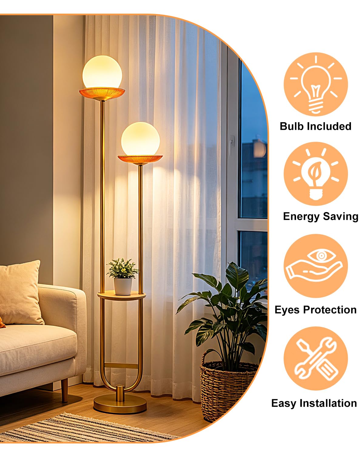 2 Globe Floor Lamp with Red Glass Tray Gold Dimmable Tall Lamp (Red-2U Gold)
