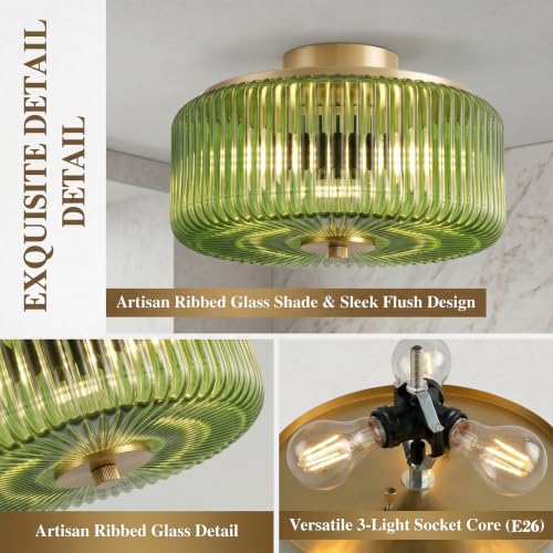 3 Light Gold Flush Mount Ceiling Light (Gold/Green-Full)