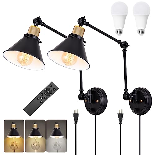 Dimmable Wall Sconce (Black / 2 Pack- (Remote+Bulbs))