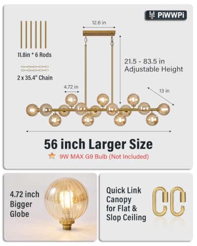 55" Long Brass Gold Chandeliers for Dining Room Kitchen Island (Gold (with Amber Lampshade) / 55 Inch)