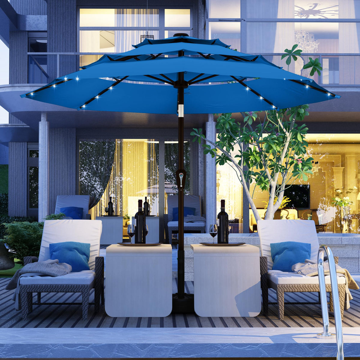 10ft 3 Tier Patio Umbrella with Solar Lights (Royal blue / 10 FT)