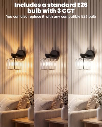 Hardwired Wall Sconces Set of Two with Crystal Lampshade (Black-A)