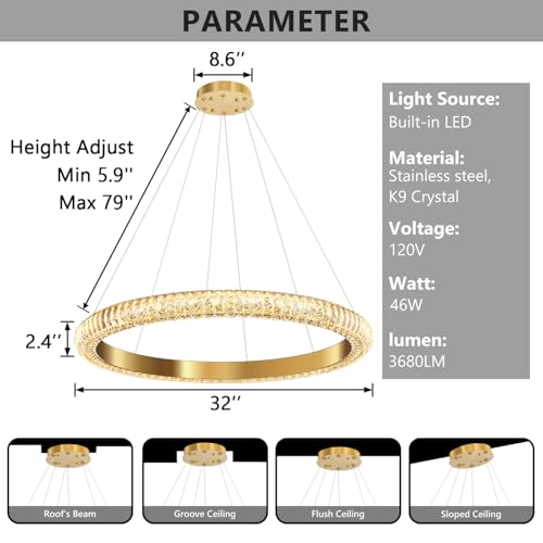31.5" 1 Ring Crystal Chandelier Modern LED Dimmable Ring Pendant Light Chandelier for Dining Room Living Room Gold (Gold / 1 Ring Round 32")