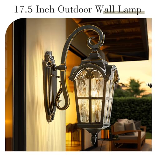 Vintage Outdoor Lighting Fixture Wall Sconces with Water Ripple Glass (Black & Gold Edges - Water Ripple Glass / 17.5 Inch - No Function)