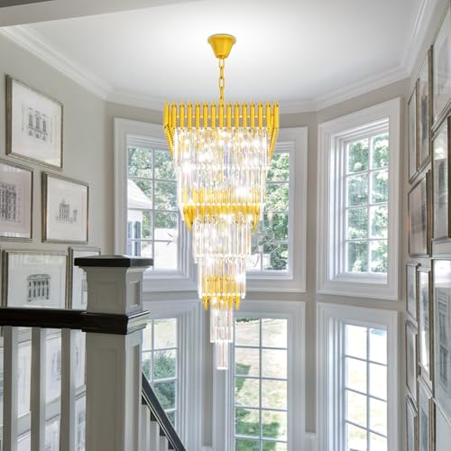 Modern Gold Crystal Staircase Chandelier Large Foyer Chandelier for High Ceiling Long Entryway Chandeliers Adjustable Chain for Hall Living Room Entrance W24 x H80 17 Lights (D24"XH80" Gold)