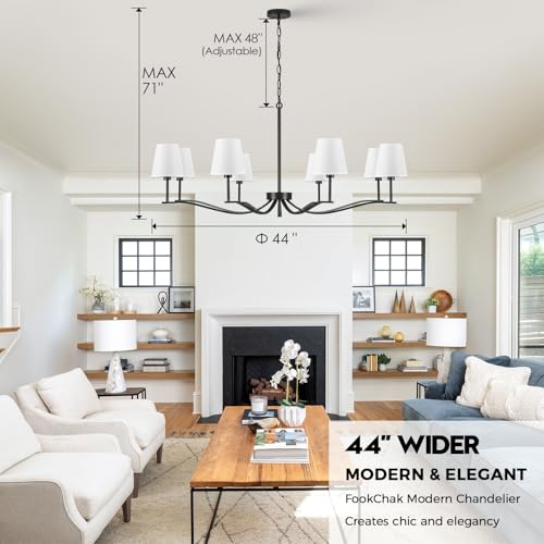 8 Light Black Chandelier with White Linen Shade 44'' Fabric Dining Room Chandeliers Over Table Transitional Living Room Chandeliers for Master Bedroom Entry Hanging Light Fixture Home Office Kitchen (Black & Linen / 43.7 inch)