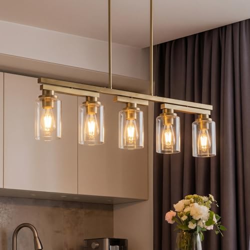 5 Light Brushed Gold Linear Chandelier (Gold+Clear Glass / 5 Light)