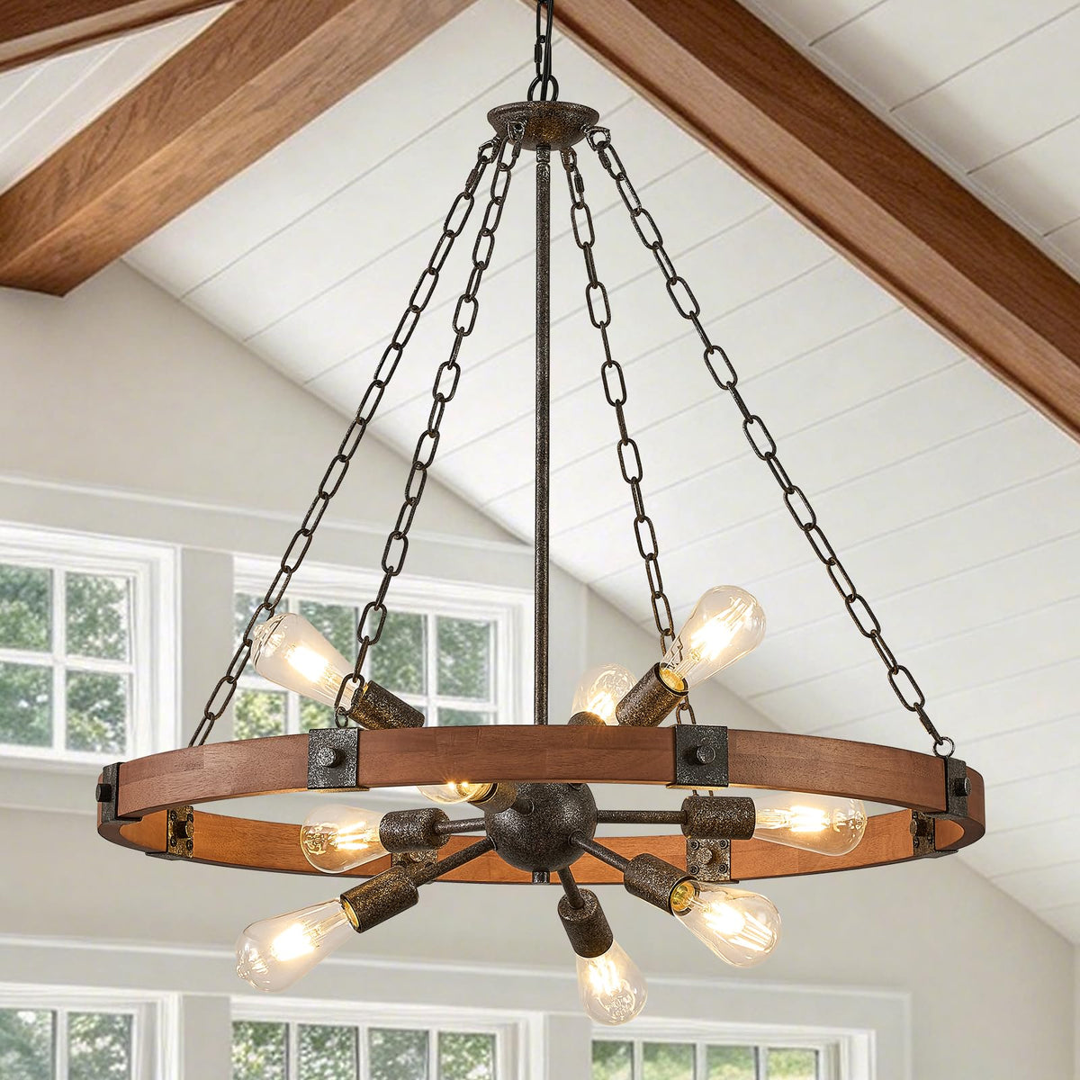 Farmhouse Wagon Wheel Chandelier 31" Wooden Chandelier Light Fixture (Walnut / 31.5 inch 9-Light)