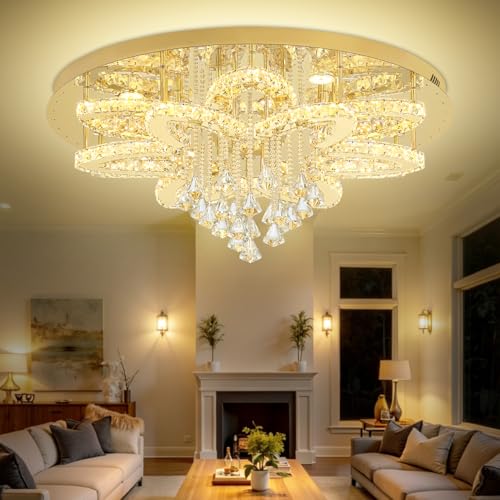 W32 Modern Crystal Chandelier for Living Room Gold Raindrop Chandelier Flush Mount Chandeliers for Foyer Dining Room Hallway Dimmable 2700K (Gold / W:32inches)