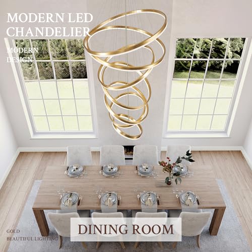 7 Rings D31.5in Modern LED Chandelier Gold Dimmable High Ceiling Chandeliers Foyer with Remote Control for Staircase Entryway Dining Room Living Room (Gold / 7 Rings 31.5in)