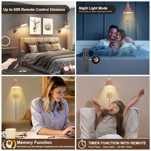 Dimmable Wall Sconce (Walnut color / 2 Pack- (Remote+Bulbs))