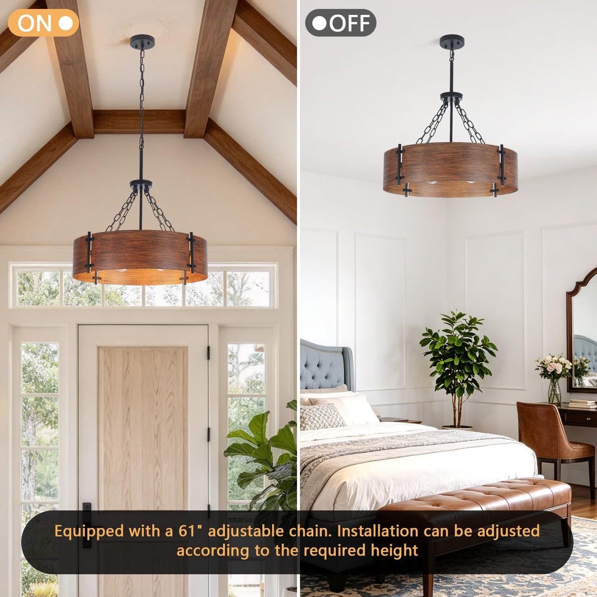 23.62" Farmhouse Chandeliers for Dining Room 6 (Brown Wood Grain Finish-6-Light-23.62'')