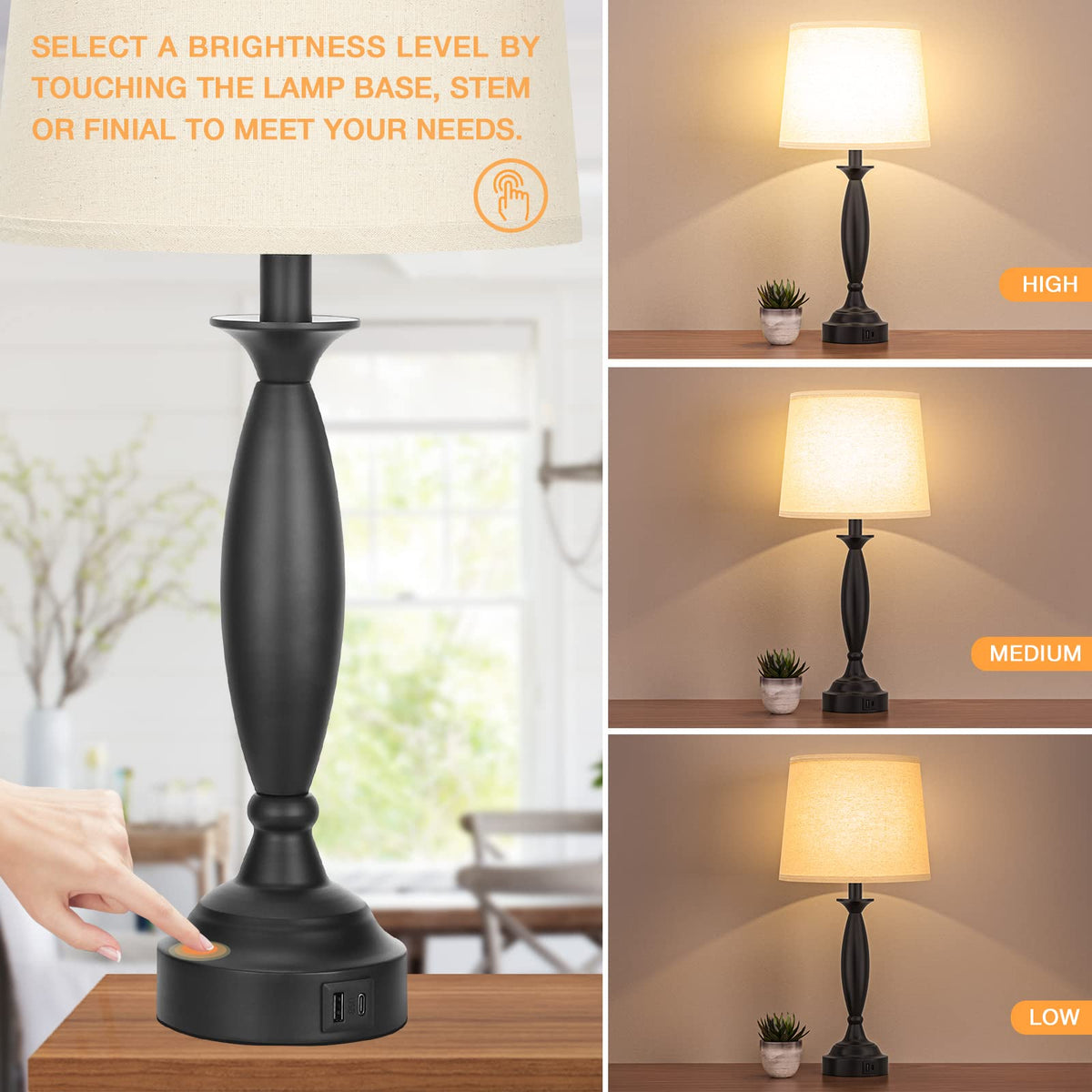 Bedroom Lamps for Nightstand (E. Beige Shade & Black Base / Medium（22.5 In）)
