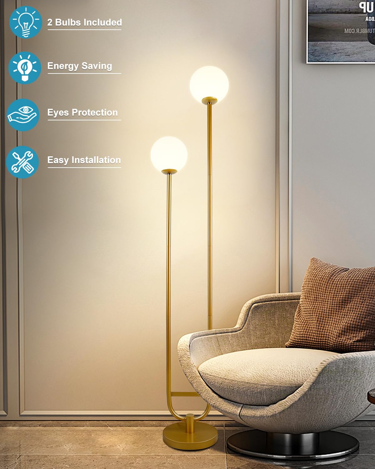 63IN Dimmable Floor Lamp with Shelf (Gold-2U)